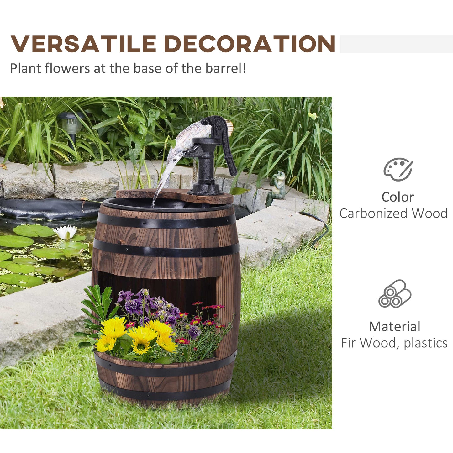 Outsunny Wood Barrel Pump Garden Fountain Water Feature Flower Planter Stand New