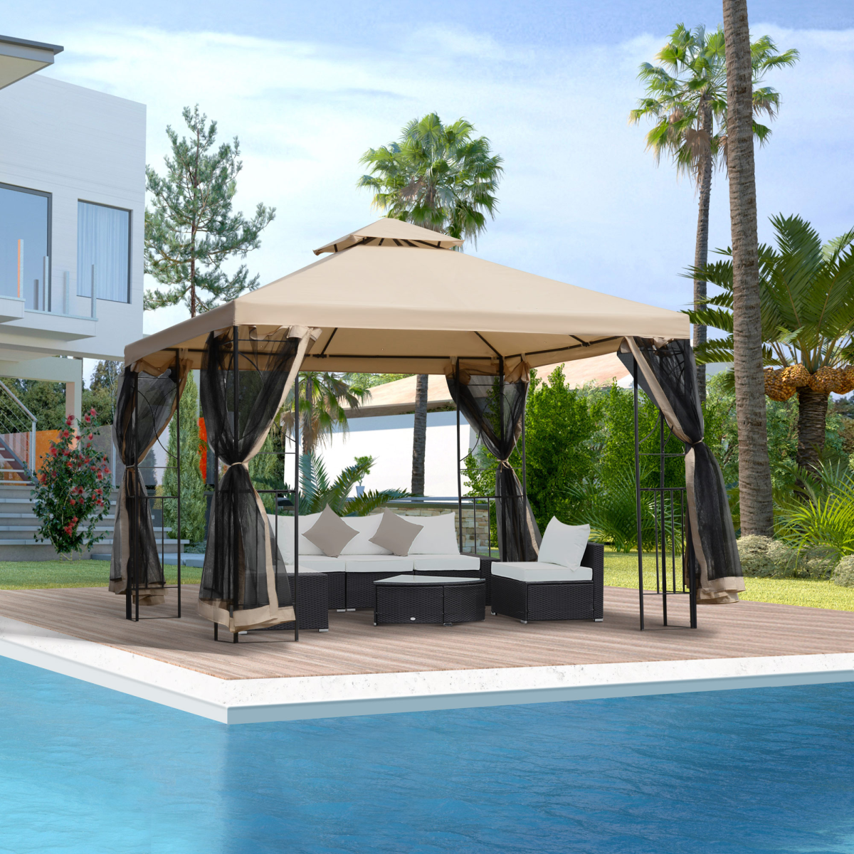 Outsunny 3x3m Outdoor Gazebo Tent W/Netting, 2-tier Roof