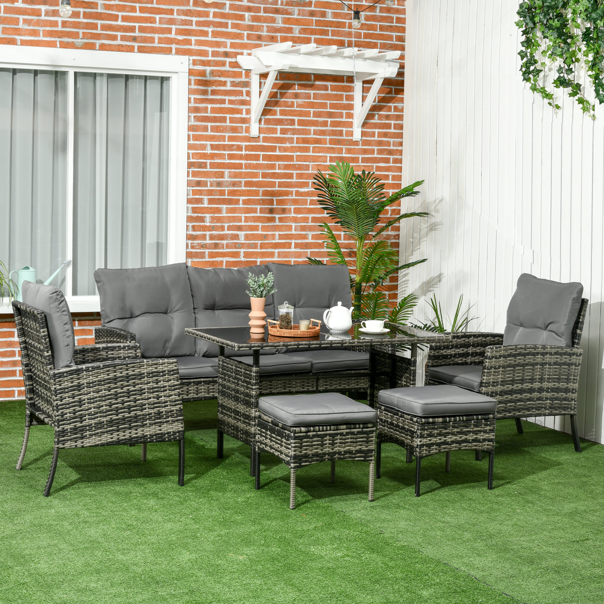 Outsunny Rattan Garden Furniture Sofa Set, 2 Armchairs 2 Footstools Table Grey