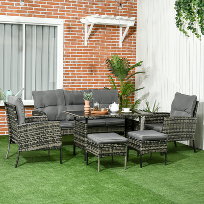 Outsunny Rattan Garden Furniture Sofa Set, 2 Armchairs 2 Footstools Table Grey