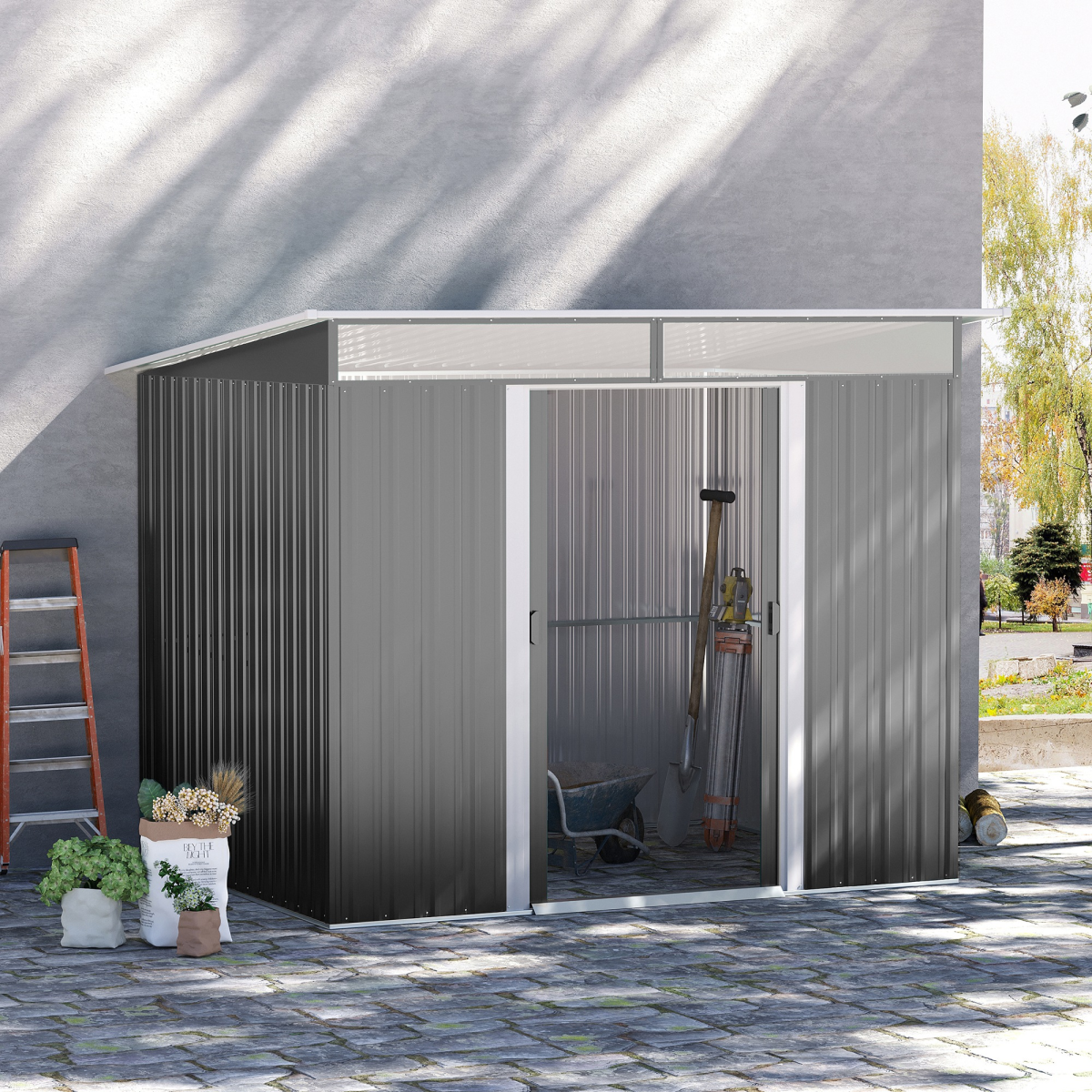 Outsunny Garden Shed Outdoor Storage Tool Organizer w/ Double Sliding Door Grey