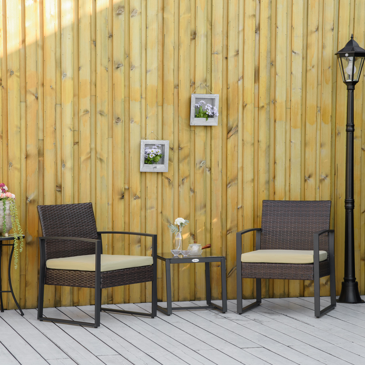 3Pc  Rattan Bistro Set, Patio , Sofa Coffee Table and Chairs Sets Beige