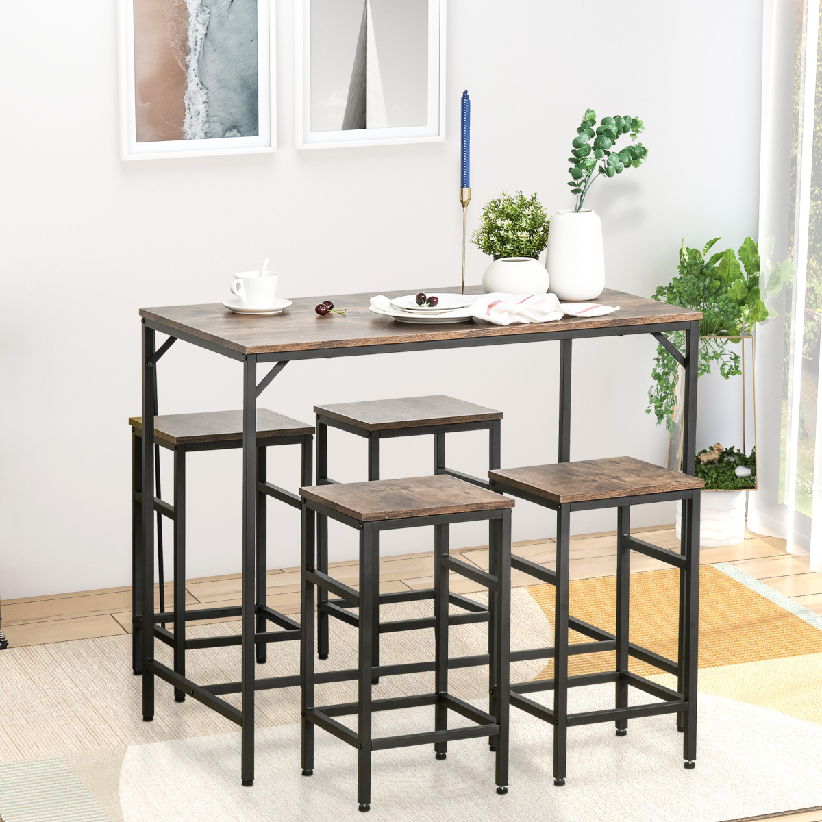 MDF Industrial 5-Piece Dining Set Dining Table with 4 Stools Black/Brown