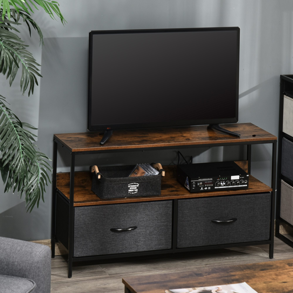 HOMCOM TV Cabinet, TV Console Unit 2 Foldable Linen Drawers, Rustic Brown