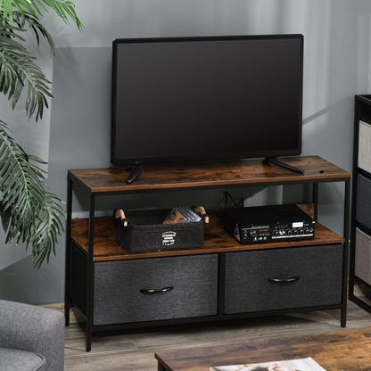 HOMCOM TV Cabinet, TV Console Unit 2 Foldable Linen Drawers, Rustic Brown