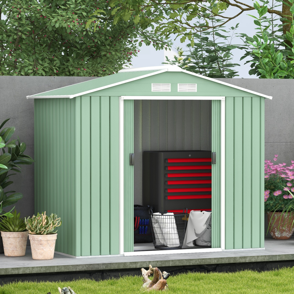 Light Green Garden Shed Storage with Locking Door, Floor Foundation, Air Vent