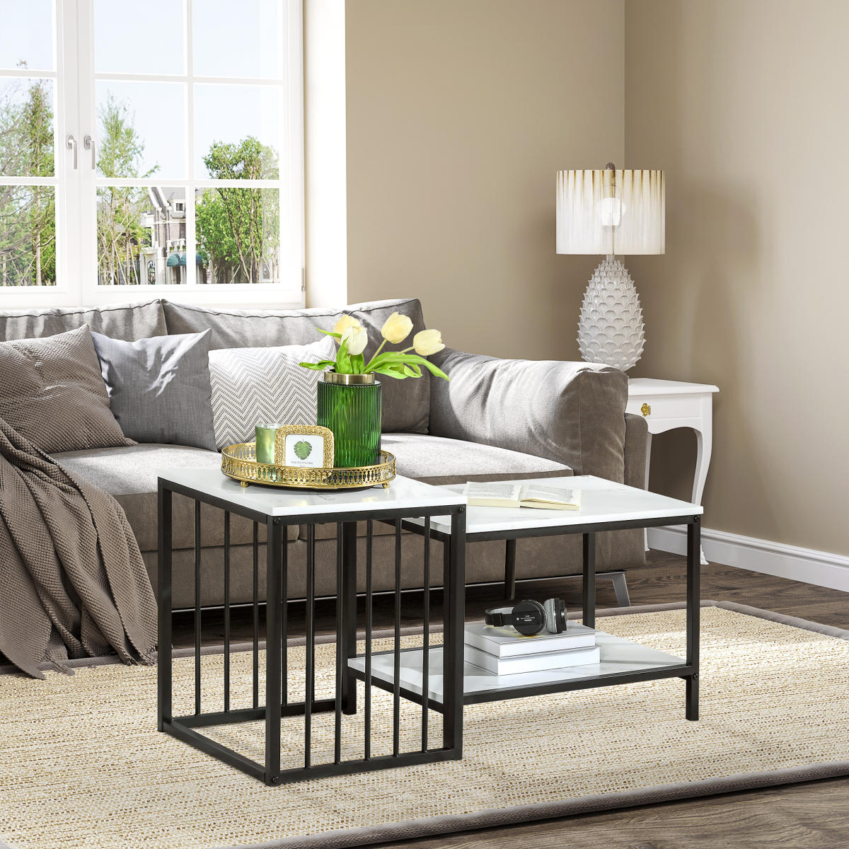 HOMCOM Modern Coffee Table Set of Two  Steel Frame Marble-Effect White, Black