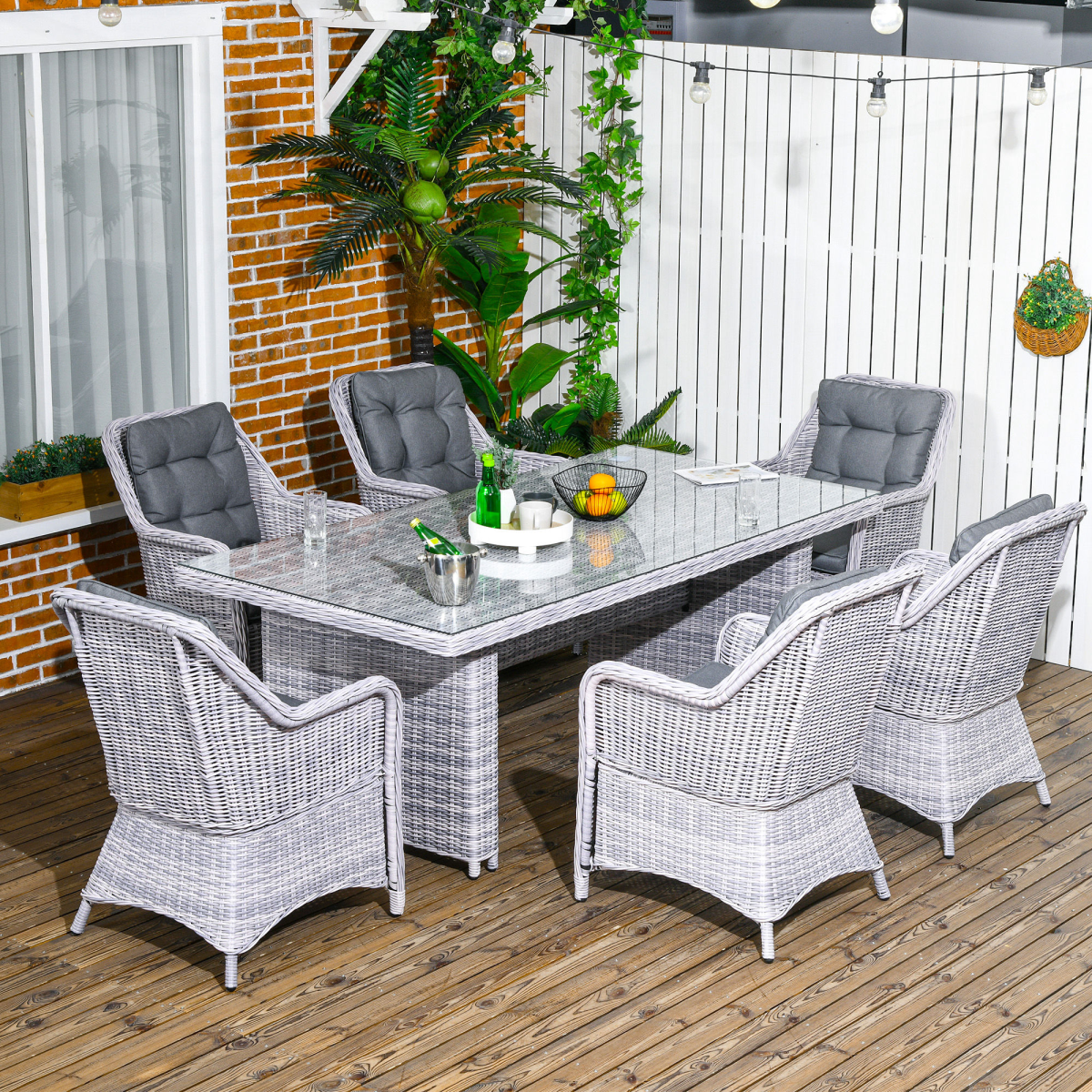 7 PCS Patio PE Rattan Wicker Dining Table Set Furniture w/ Tempered Glass