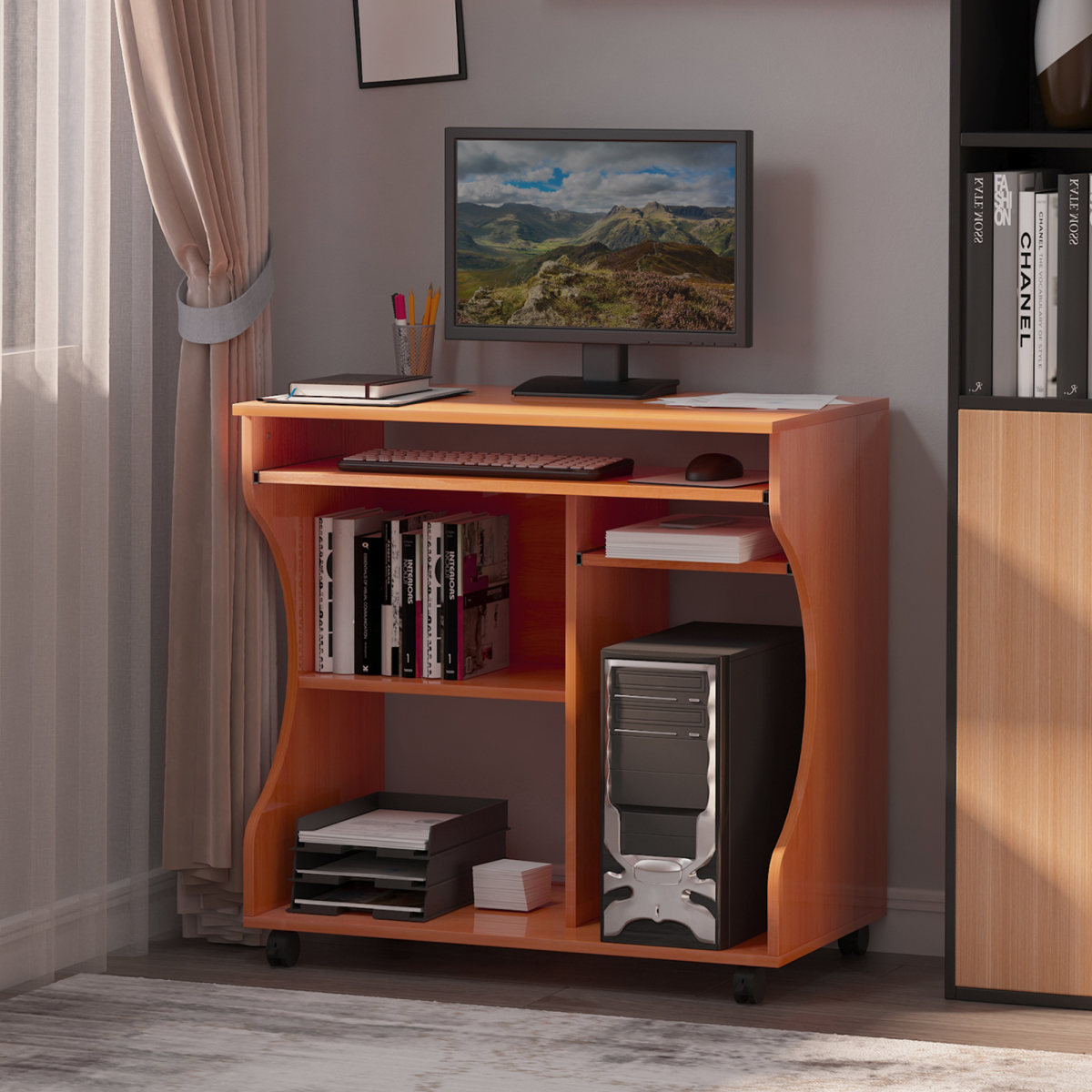 Computer Desk Laptop Writing Table Storage Shelf Workstation Wheels-Cherry Wood