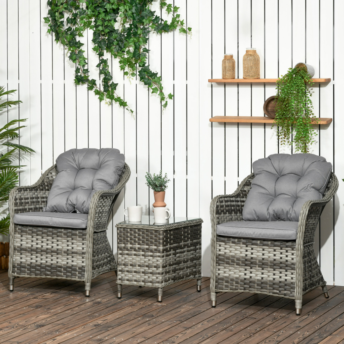 3 PCS Aluminium Rattan Bistro Set with Soft Cushions & Glass Top