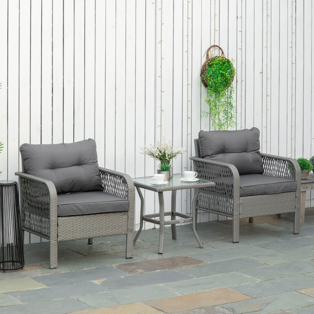 3 Pieces Patio PE Rattan Bistro Set w/ Armchairs Tempered Glass Table Outsunny