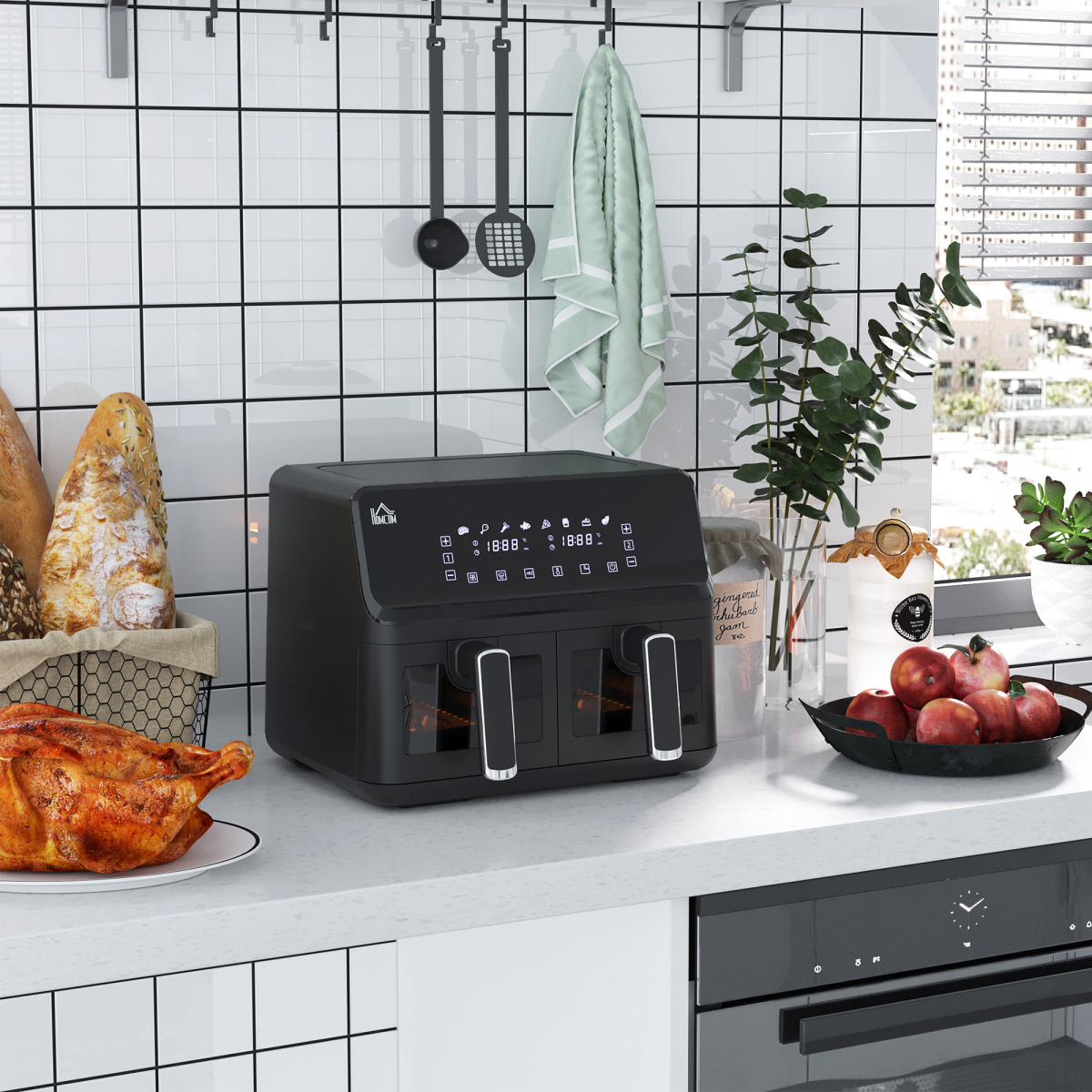 Dual Air Fryer 8L Family Size w/ 2 Basket 8 Presets Cookbook Timer 2500W