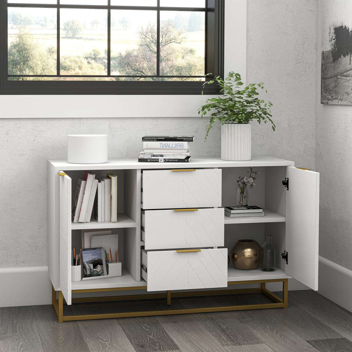 Modern Storage Cabinet Freestanding Cupboard with 3 Drawers for Dining Room