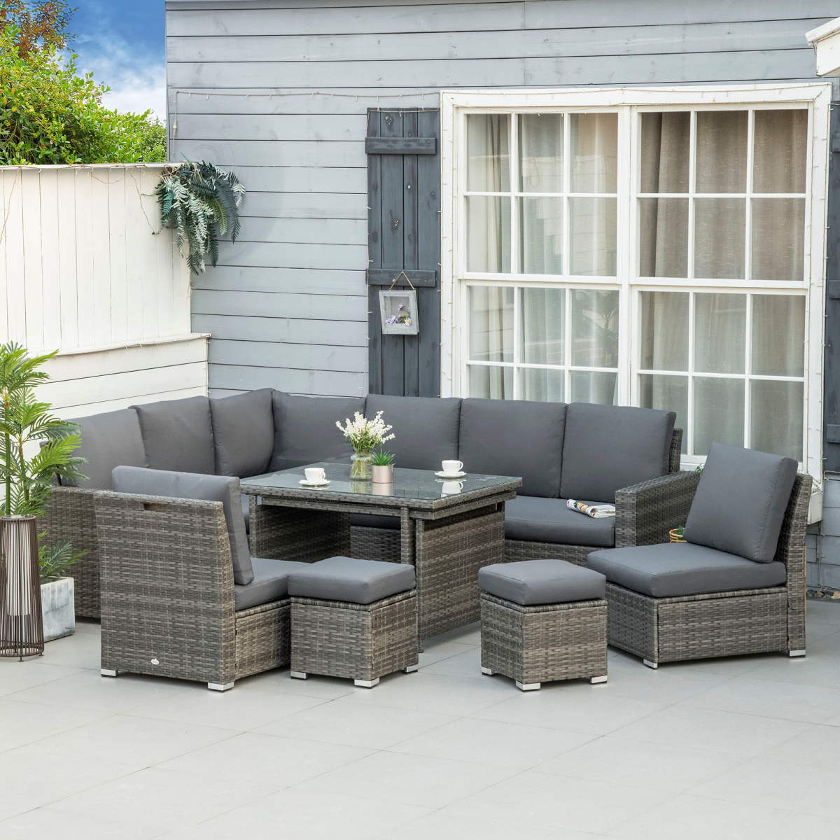 Outsunny 10-Seater Sofa Sectional W/ Cushioned Seat, Footstools and Glass Table