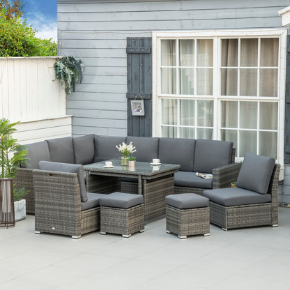 Outsunny 10-Seater Sofa Sectional W/ Cushioned Seat, Footstools and Glass Table