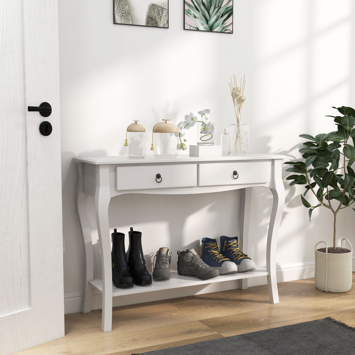Console Table Storage Display Desk W/ 2 Drawers-Ivory White
