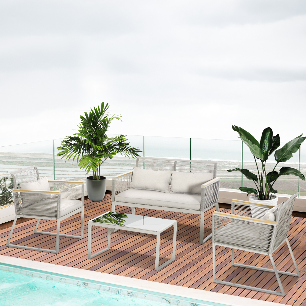 4-Seater Patio Wicker Sofa, Metal Frame PE Rattan Tempered Glass Table Grey