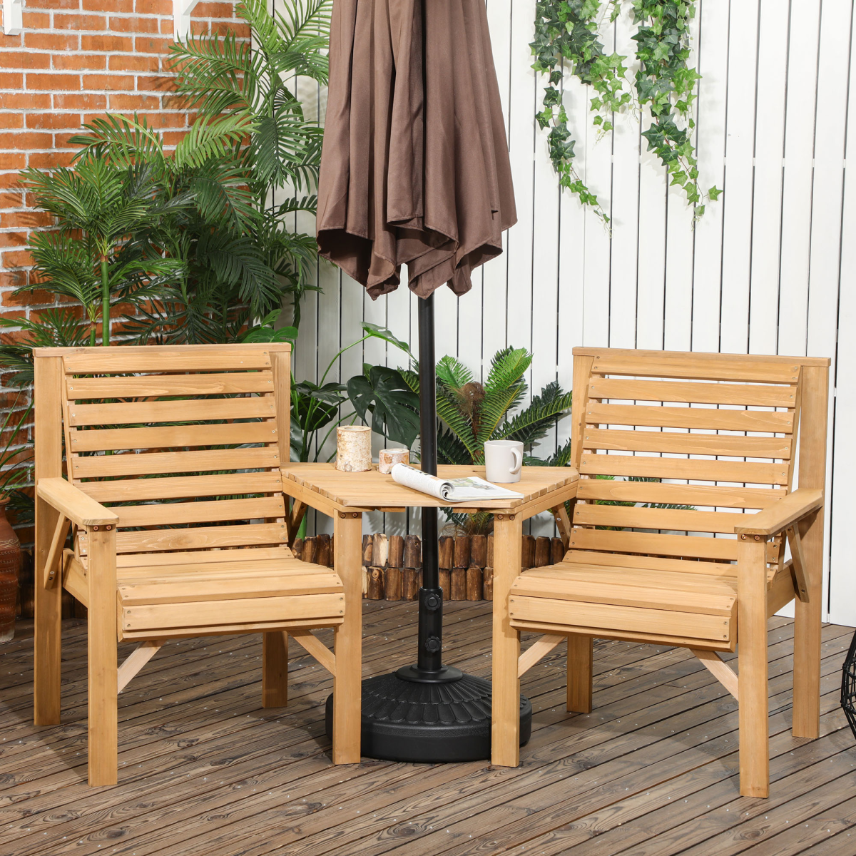 Outsunny Wooden Garden Love Seat w/ Coffee Table Umbrella Hole Partner Bench