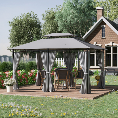 Outsunny 4m x 3(m) Outdoor 2-Tier Steel Frame Gazebo w/ Curtains Outdoor Garden