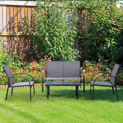 4 Pcs  Dining Set & Loveseat 2 Chairs Glass Top Table Seats Garden Grey