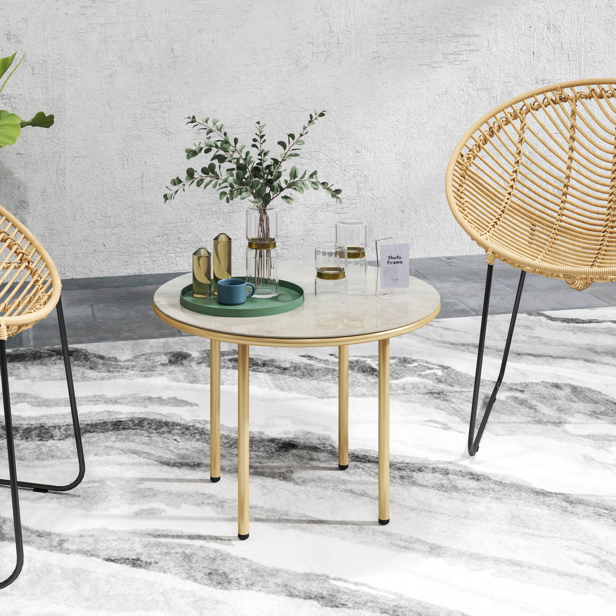 Outsunny Round Small Garden Table with Faux Marble Glass Top, Beige