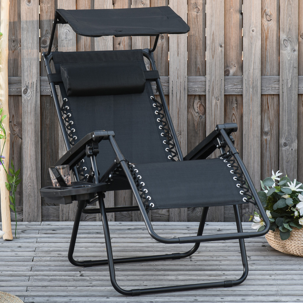 Zero Gravity Folding Sun Lounger Reclining Seat & Cup Holder & Canopy, Black