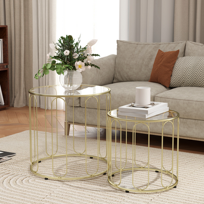 HOMCOM Coffee Table Set of 2, Nest of Tables with Metal Frame, Gold Tone
