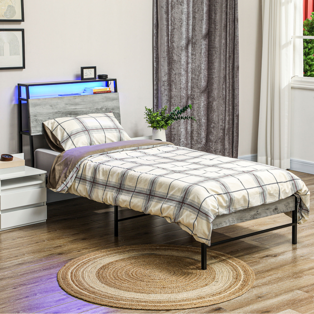 HOMCOM LED Single Bed Frame with Charging Station, 90 x 190cm, Cement Grey
