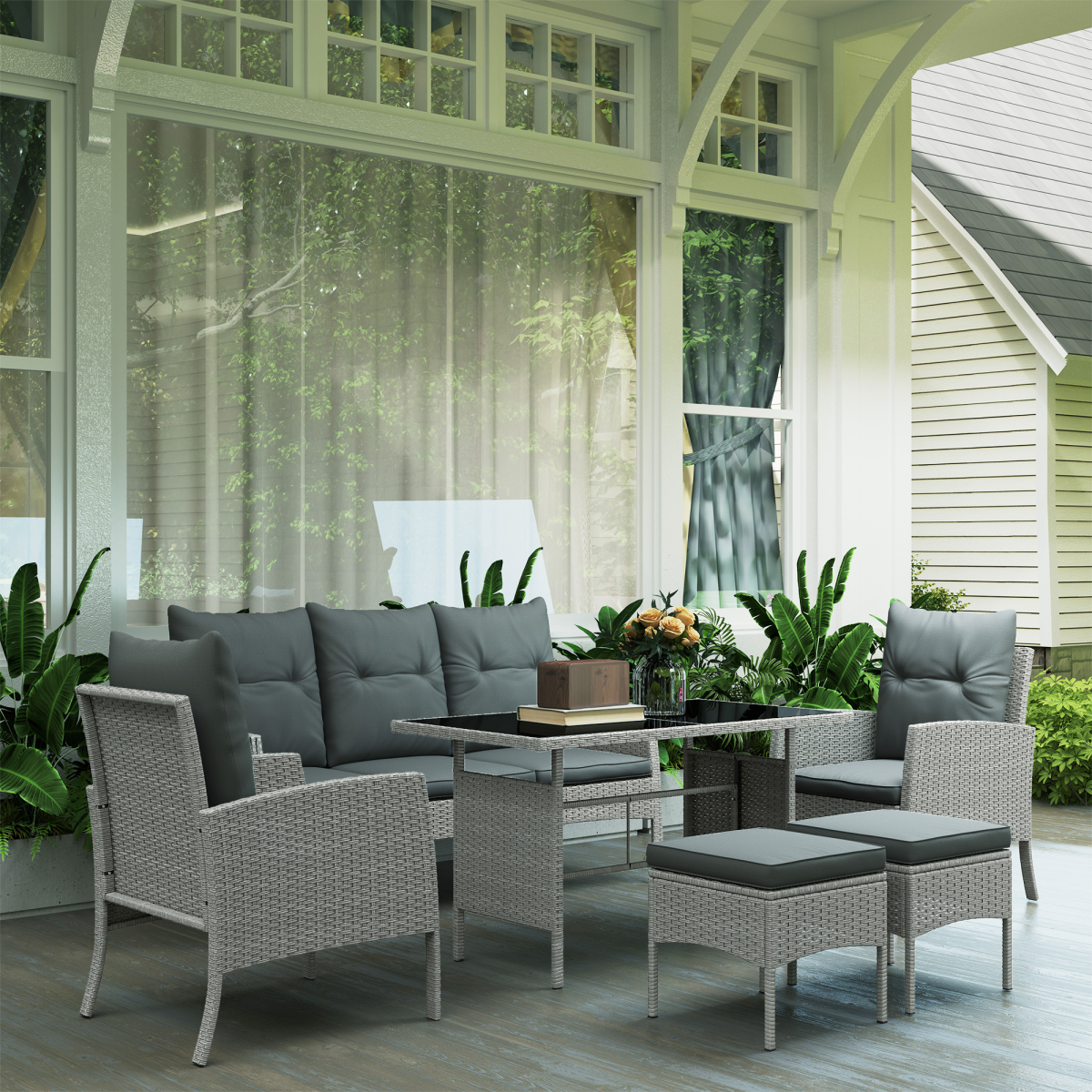 Outsunny 6 Pieces Rattan Garden Furniture Sofa Set, Grey