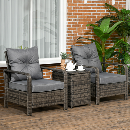 3 Piece PE Rattan Garden Sofa Set w/ 2 Chairs & Storage Table Grey Outsunny