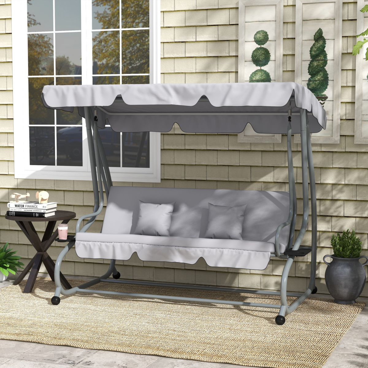 Outsunny 2-in-1 Garden Swing Chair for 3 Person w/ Adjustable Canopy, Grey