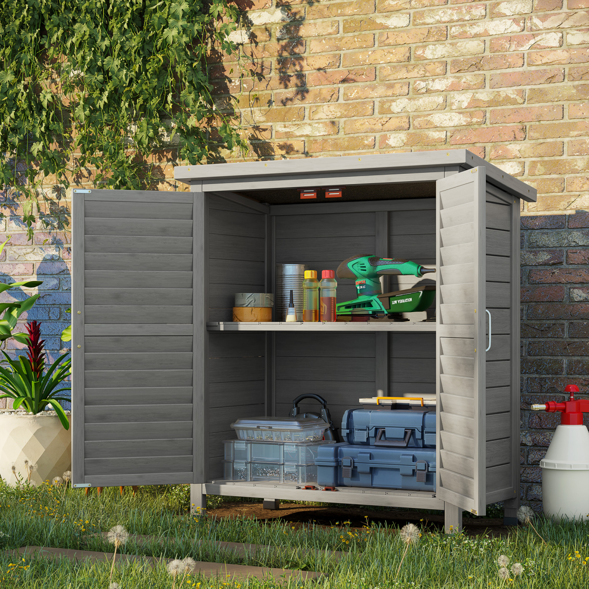 Solid Fir Garden Shed - 2-Door Unit, Grey, 87x46.5x96.5 cm
