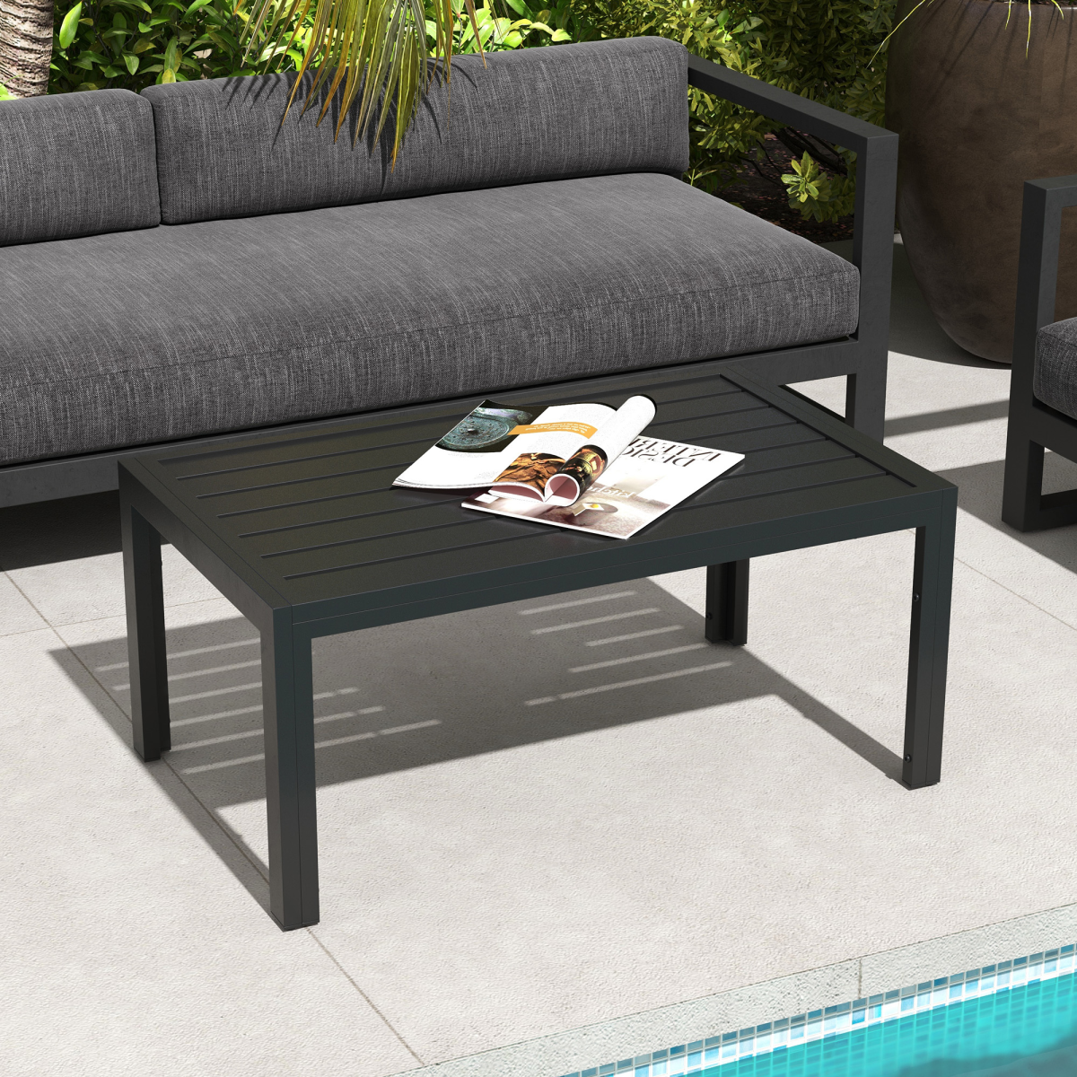 Outsunny Outdoor Side Table Garden Table with Steel Frame and Slat Top Black