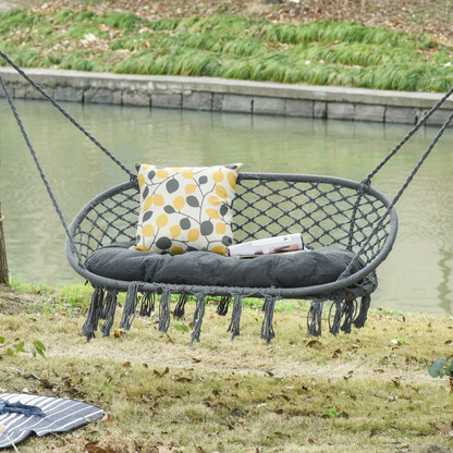 Hanging Hammock Chair Cotton Rope Swing & Metal Frame Large Macrame, Dark Grey