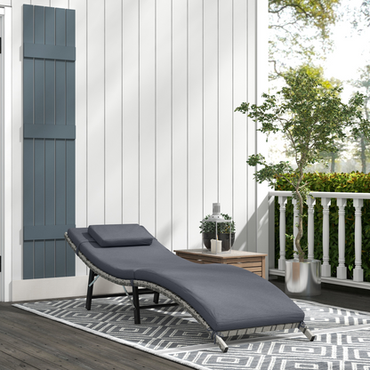 Outsunny Folding Rattan Sun Lounger Outdoor Chair with Cushion and Pillow, Grey