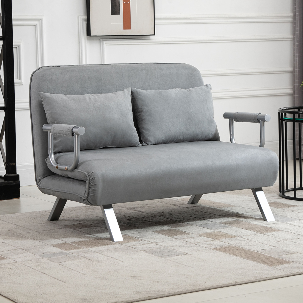 HOMCOM Fabric Convertible 2 Seater Sofa Bed w/ 2 Pillows, Light Grey