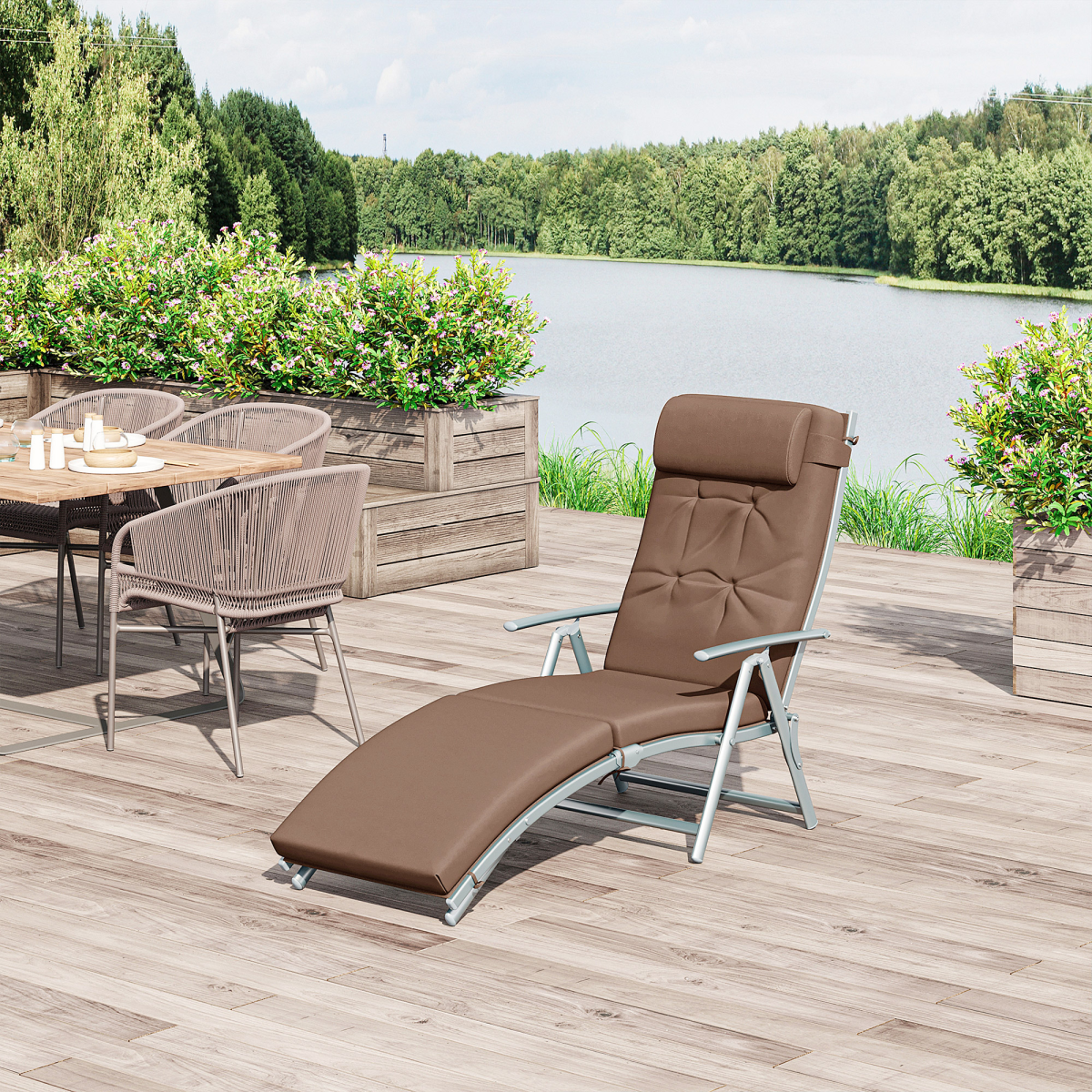 Outsunny Steel Frame Outdoor Garden Padded Sun Lounger w/ Pillow Brown