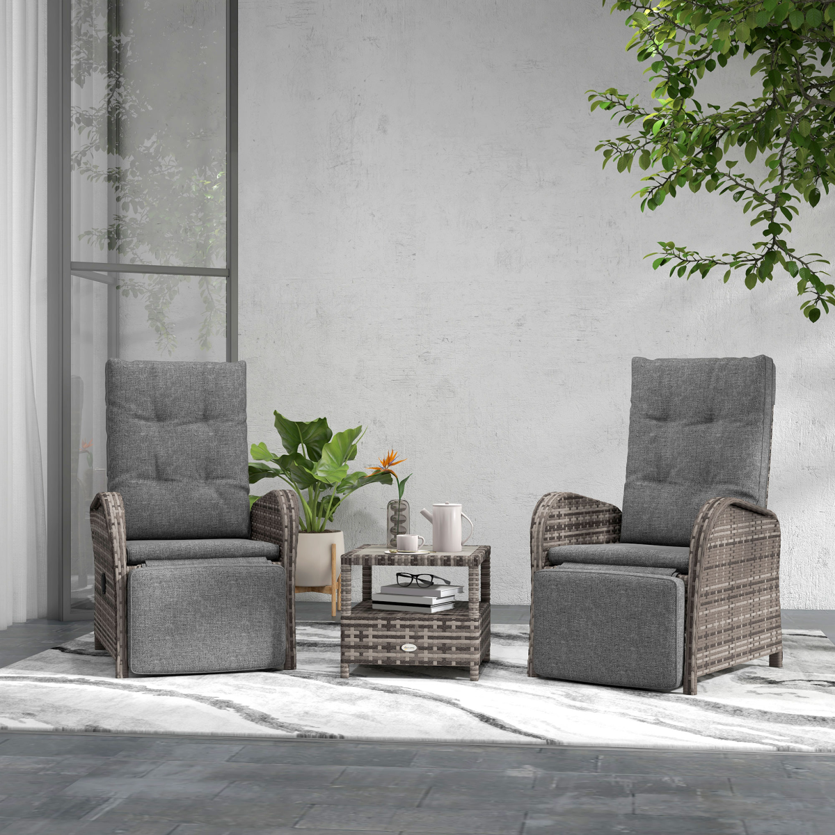 Outsunny 3 PCs Rattan Chaise Lounge Sofa Set w/ Cushion for Patio Yard Porch