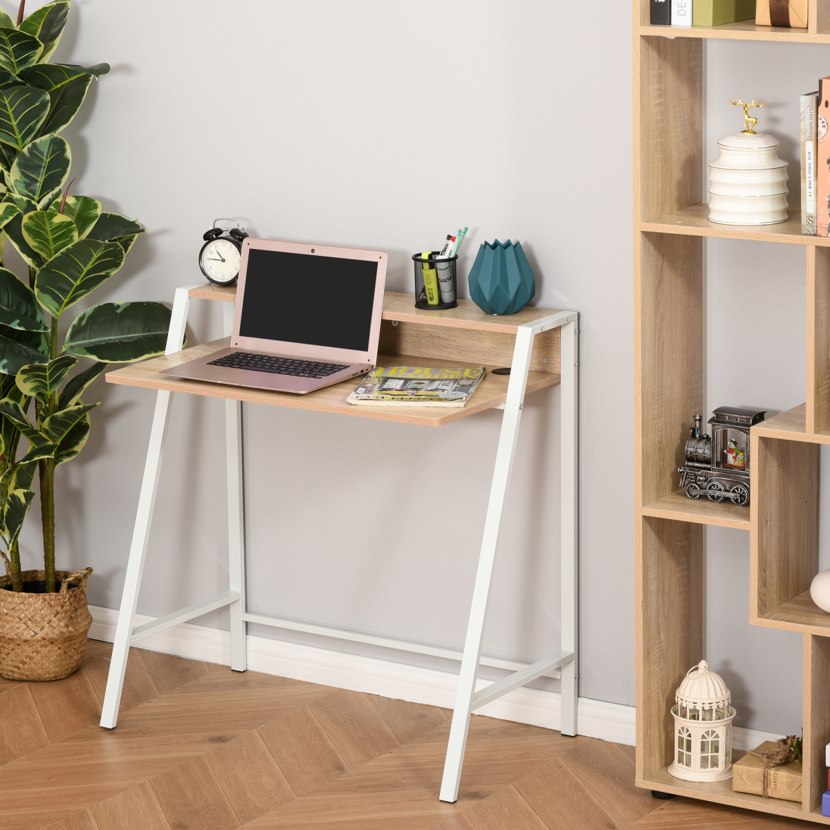 Computer Workstation Storage Shelf Color White and Oak