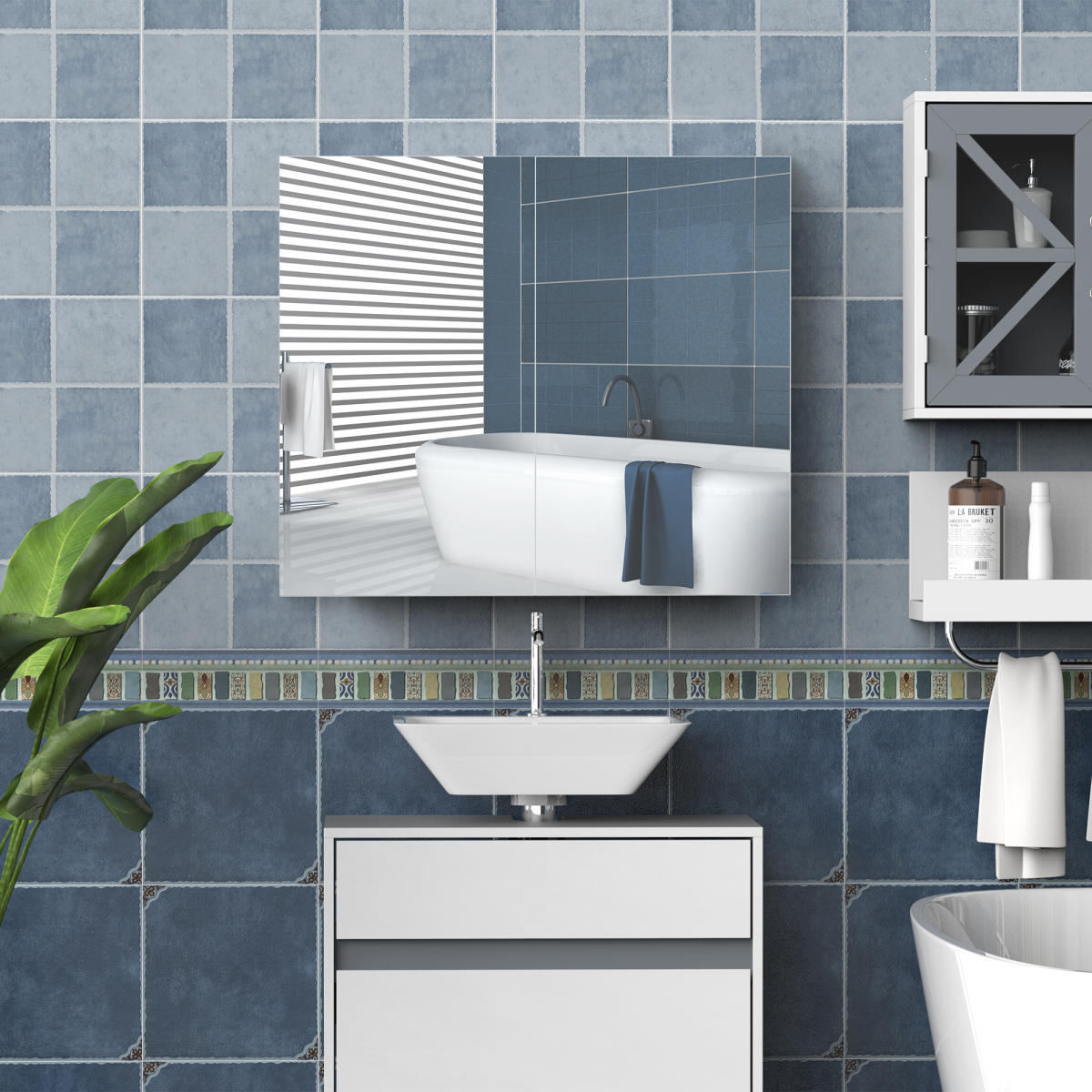 Wall Mounted Bathroom Mirror Storage Cabinet w/ Door Adjustable Shelf HOMCOM