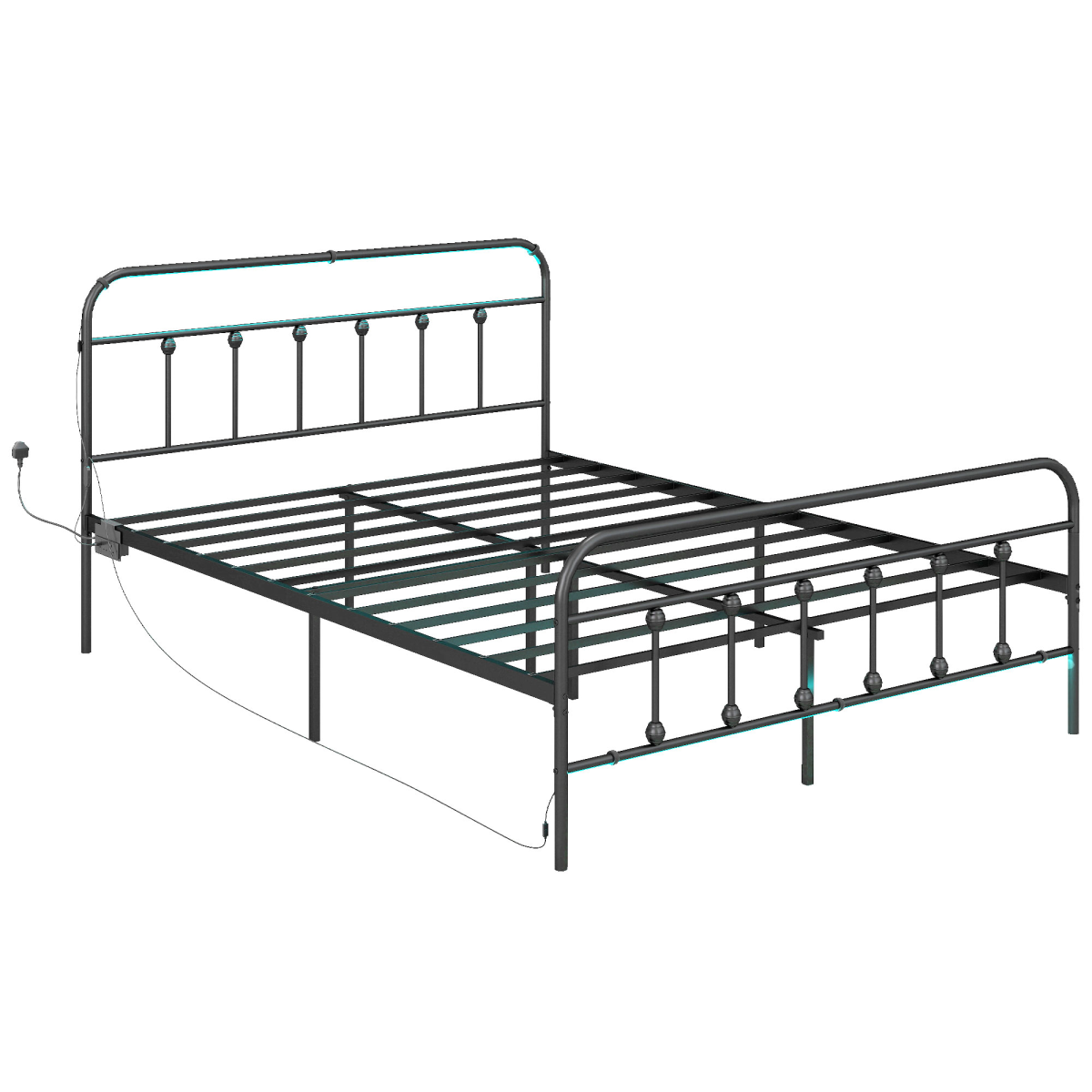 HOMCOM King Bed Frame with LED Lights and Charging Station, Black