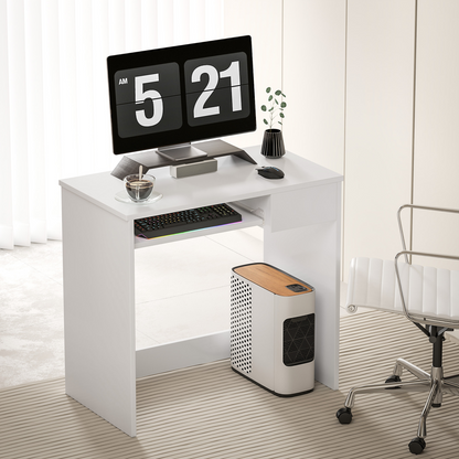 Compact Computer Table with Keyboard Tray Drawer White