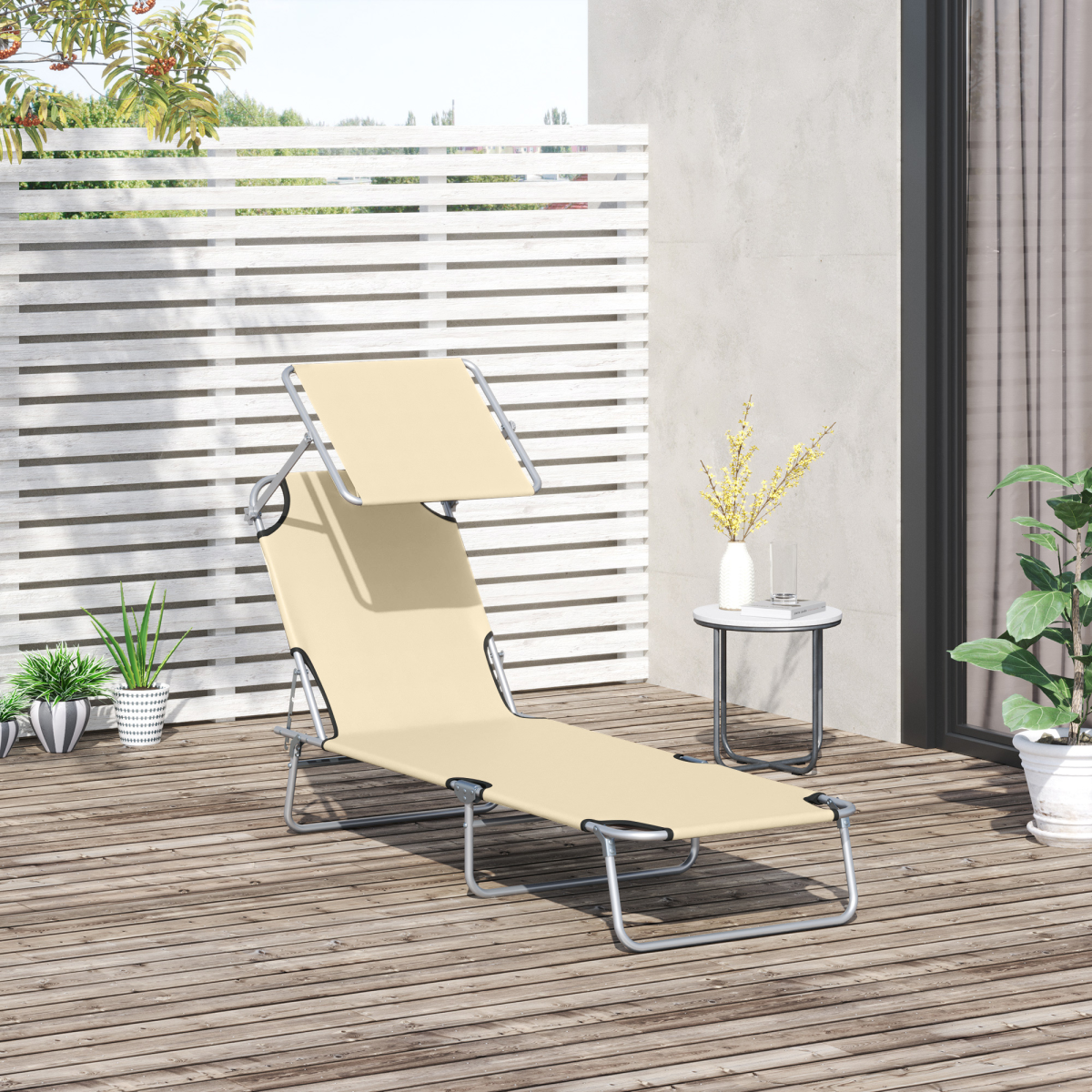Outsunny Folding Chair Sun Lounger w/ Sunshade Garden Recliner Hammock Beige