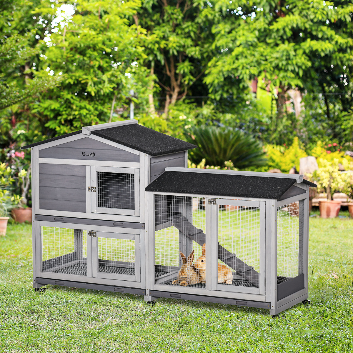 Wooden Rabbit Hutch, Guinea Pig Cage w/ Wheels, Slide-Out Tray, Ramp Light Grey