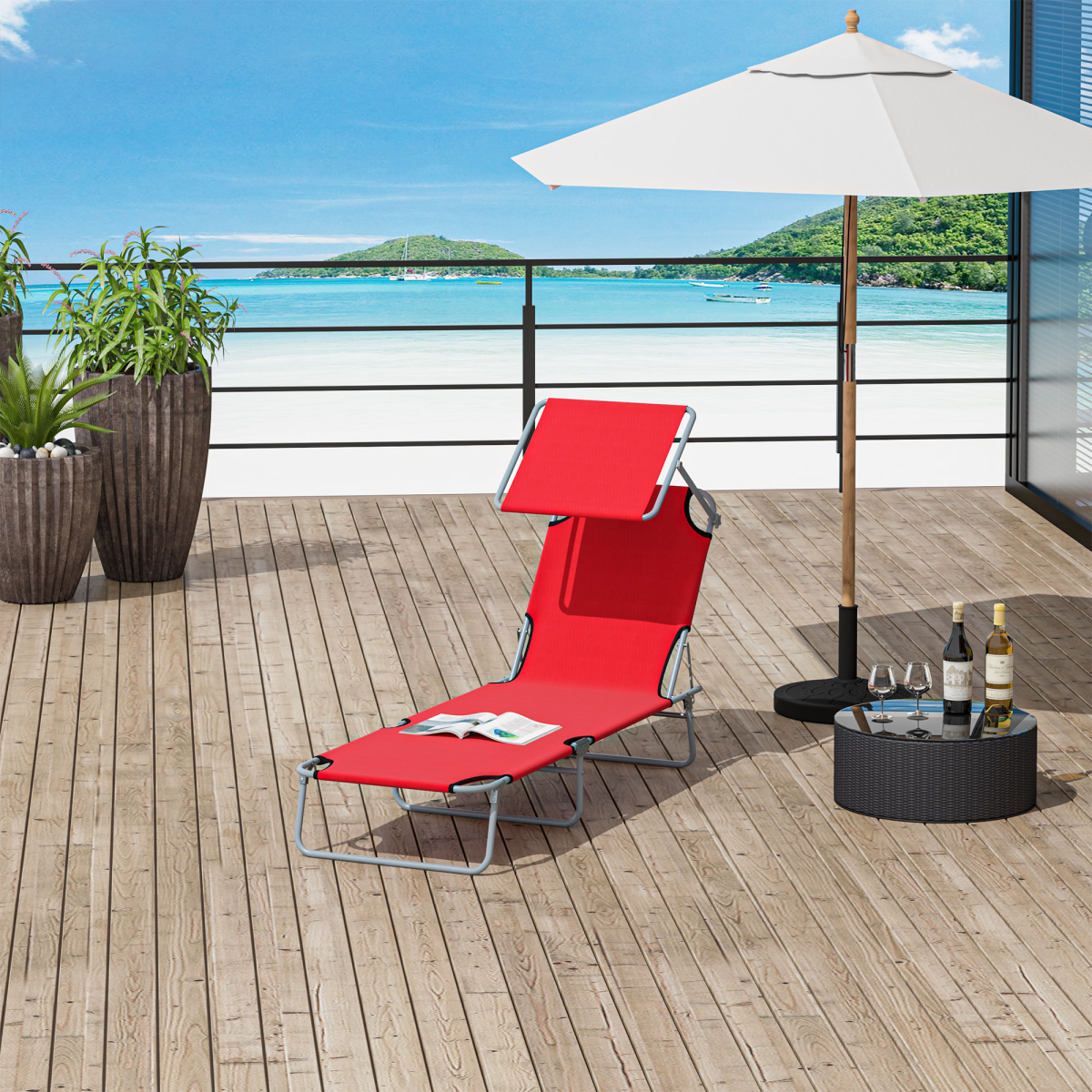 Outsunny Folding Chair Sun Lounger w/ Sunshade Garden Recliner Hammock Red