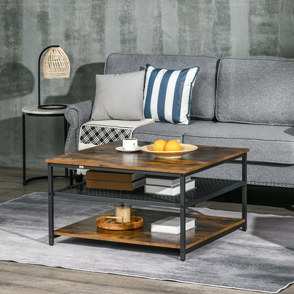 HOMCOM Industrial Coffee Table, Cocktail Table  Storage Shelves, Rustic Brown