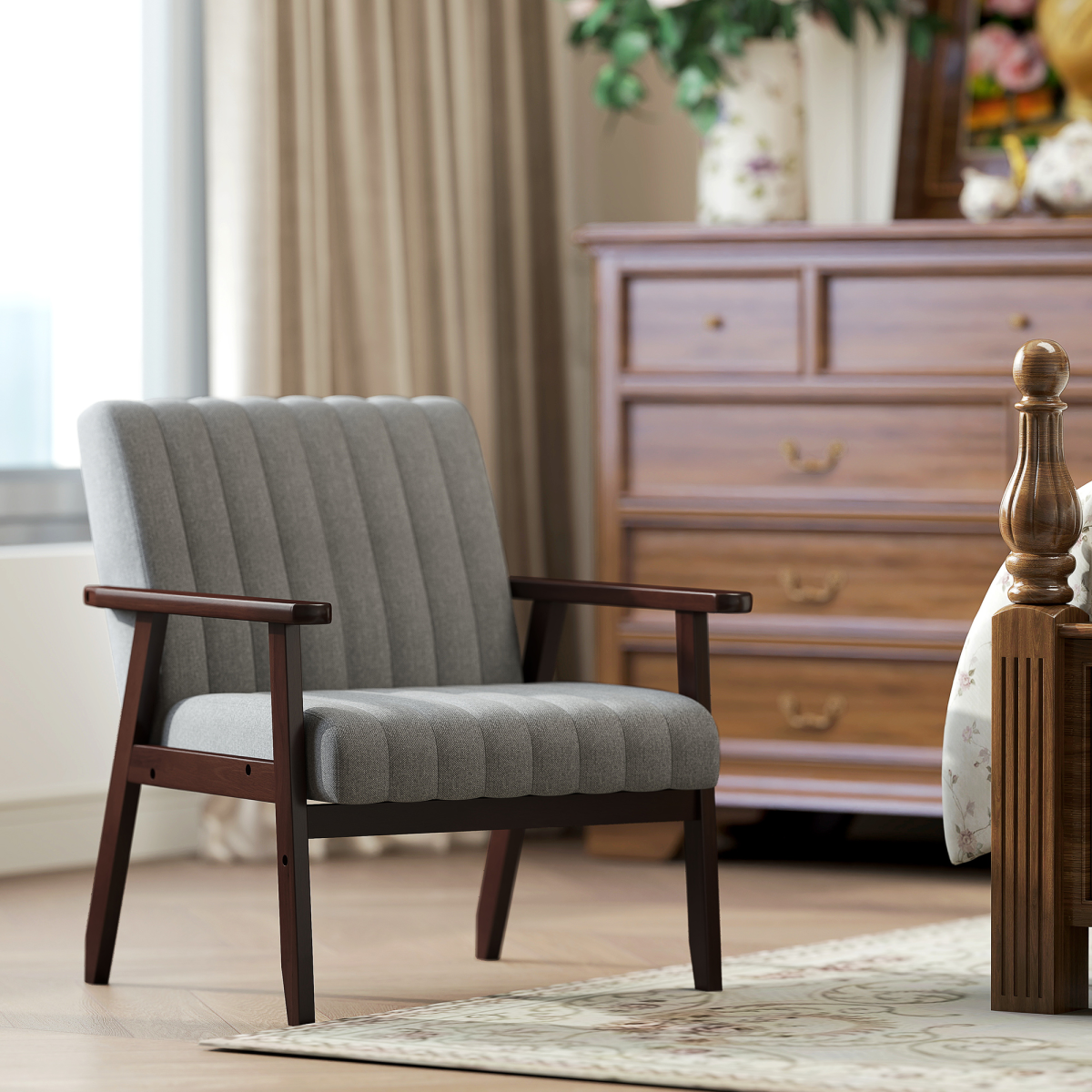 HOMCOM Modern Accent Chair Upholstered Armchair for Bedroom Living Room Grey