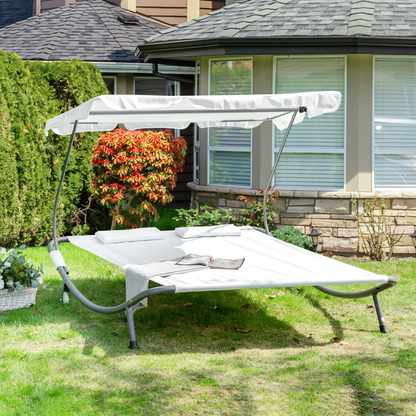 Double Hammock Sun Lounger Bed Canopy Shelter Wheels 2 Pillows Cream White