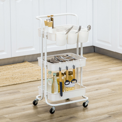 HOMCOM 3-Tier Utility Cart, Rolling Serving Trolley with Baskets and Hooks