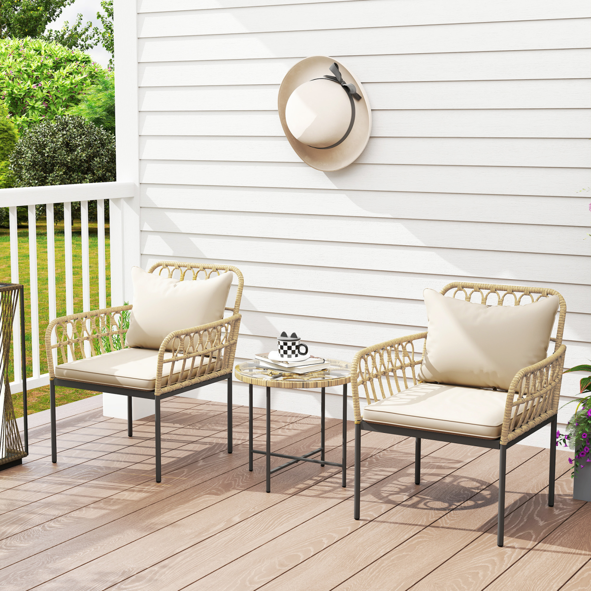 Outsunny 3 Piece Rattan Bistro Set, Balcony Table and Chairs with Cushions